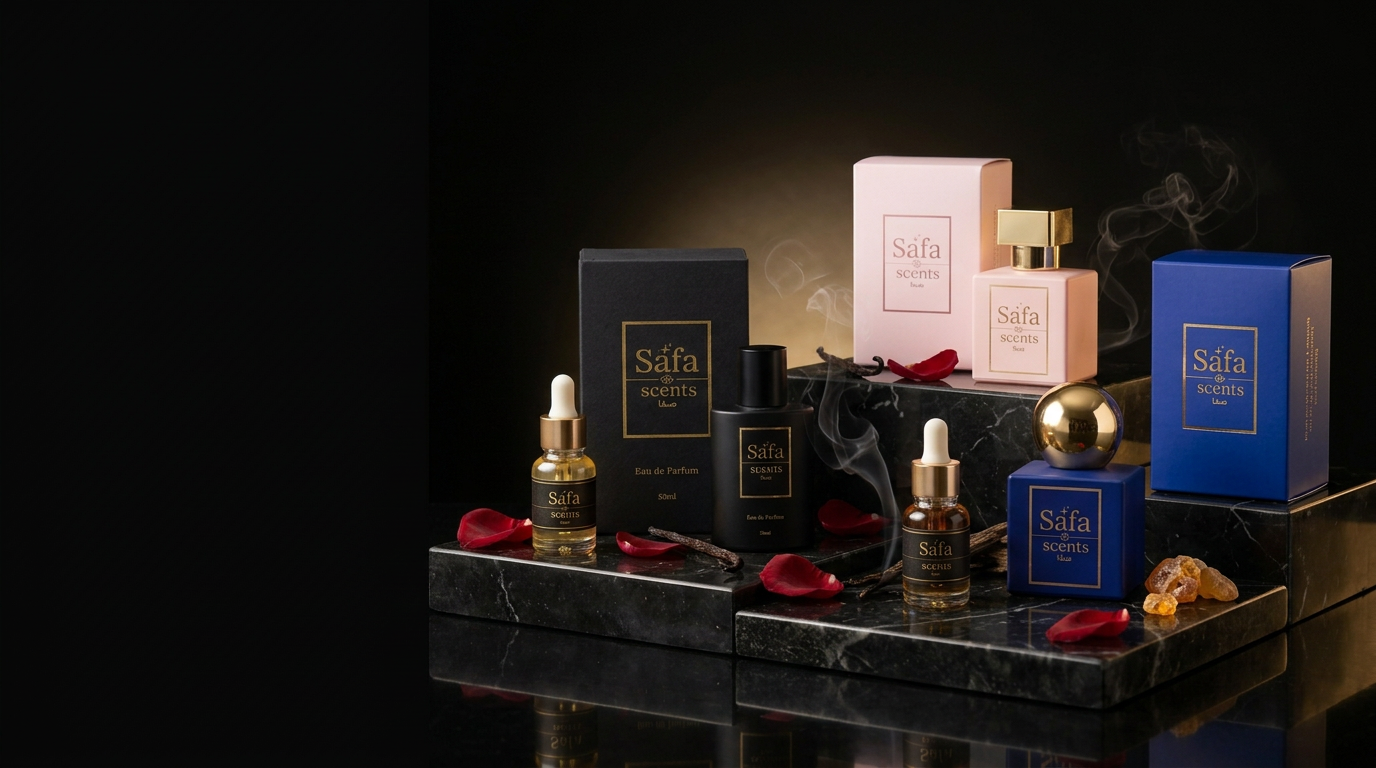 The full Safa Scents collection of attars and eaux de parfum on black marble