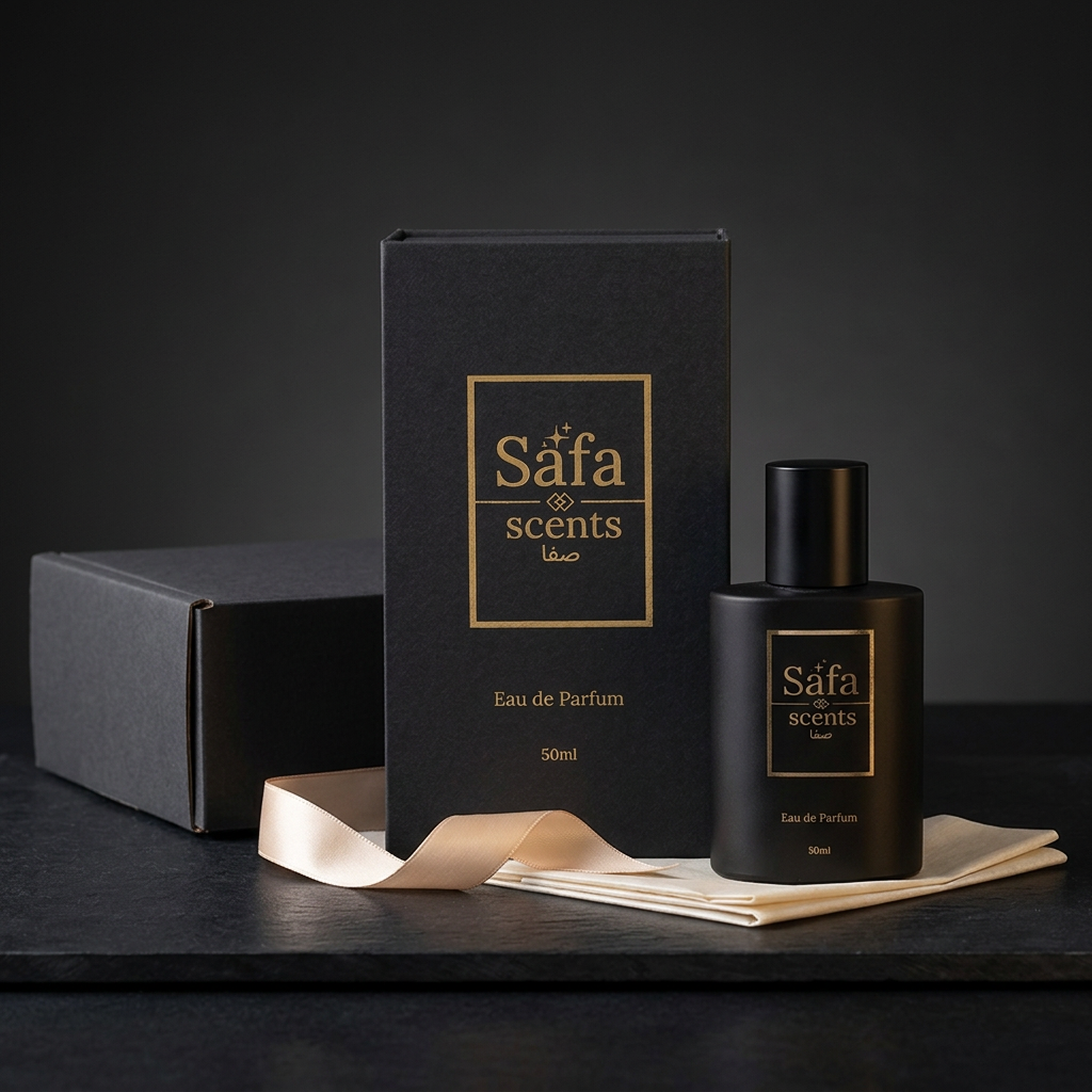 Safa Scents perfume and retail box with a charcoal delivery parcel, ivory tissue and champagne ribbon