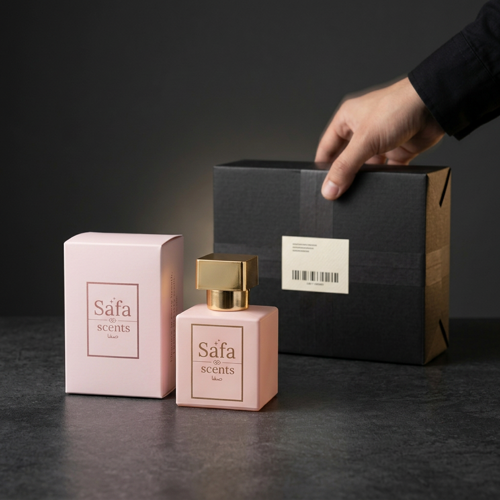 Pink Safa Scents perfume and retail box beside a labelled delivery parcel being lifted for dispatch