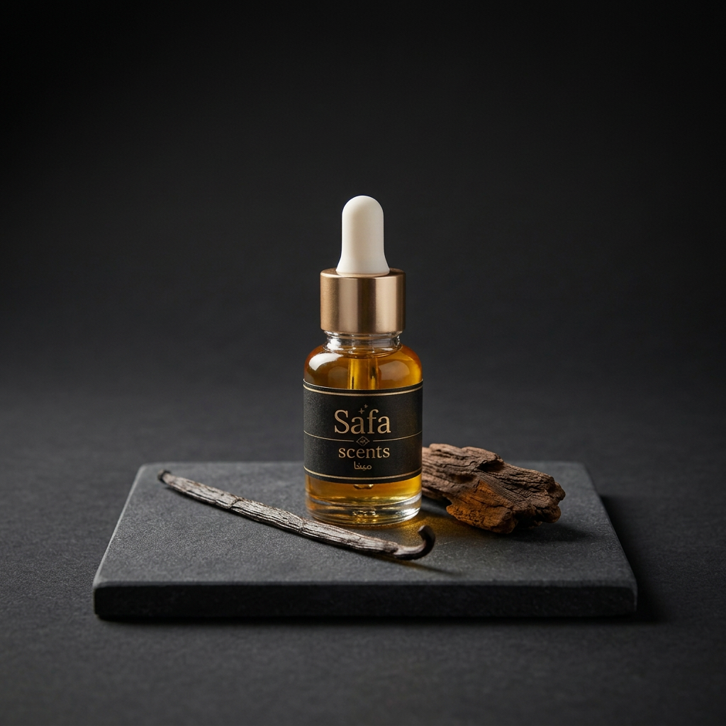Safa Scents golden perfume oil on honed charcoal stone with vanilla and textured wood